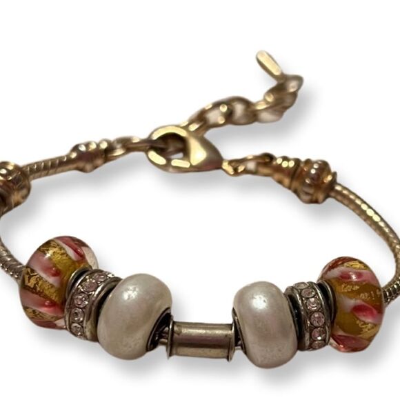 🤯5/$20🤯 Silver Tone Art Glass Rhinestone Pearl Charm Bracelet - Picture 2 of 2